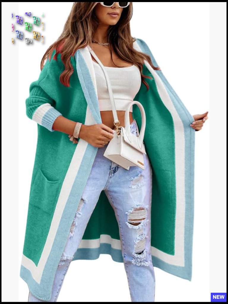 Color Block Striped Open Front Hooded Long Cardigan Sweater With Pockets